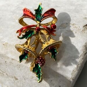 Festive Bells with Holly Holiday Brooch